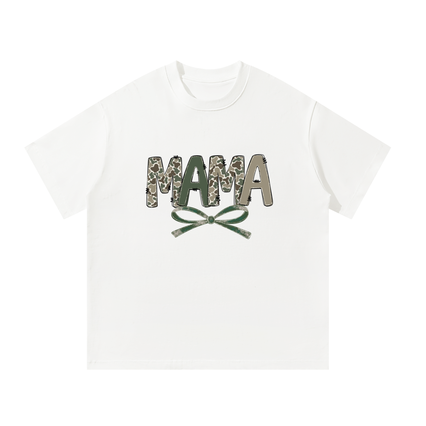 Mama Camo Letter Bow Faux Embroidery Tee in White, flat lay.