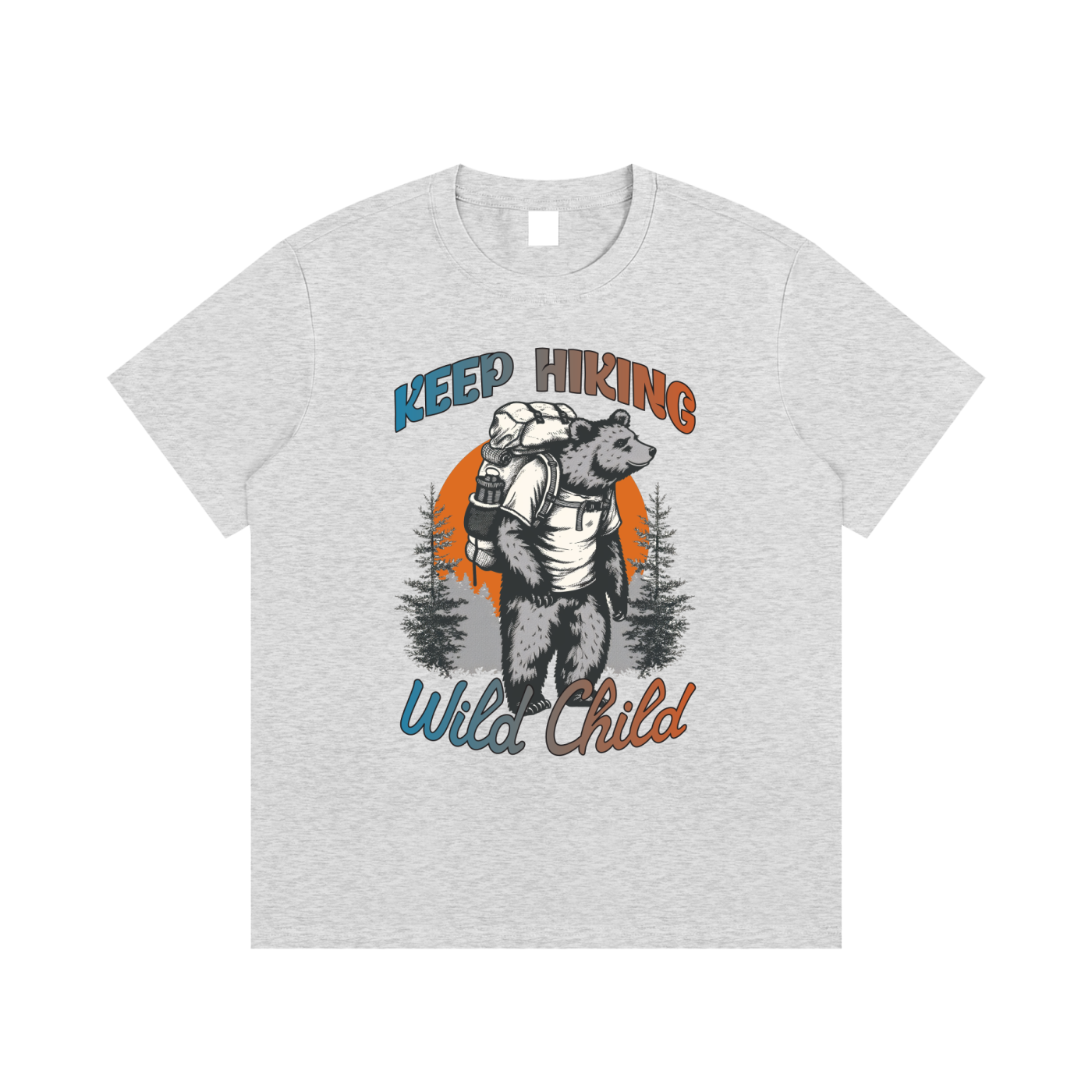 Keep Hiking Wild Child Backpacking Bear Tee in Flower Gray, flat lay.