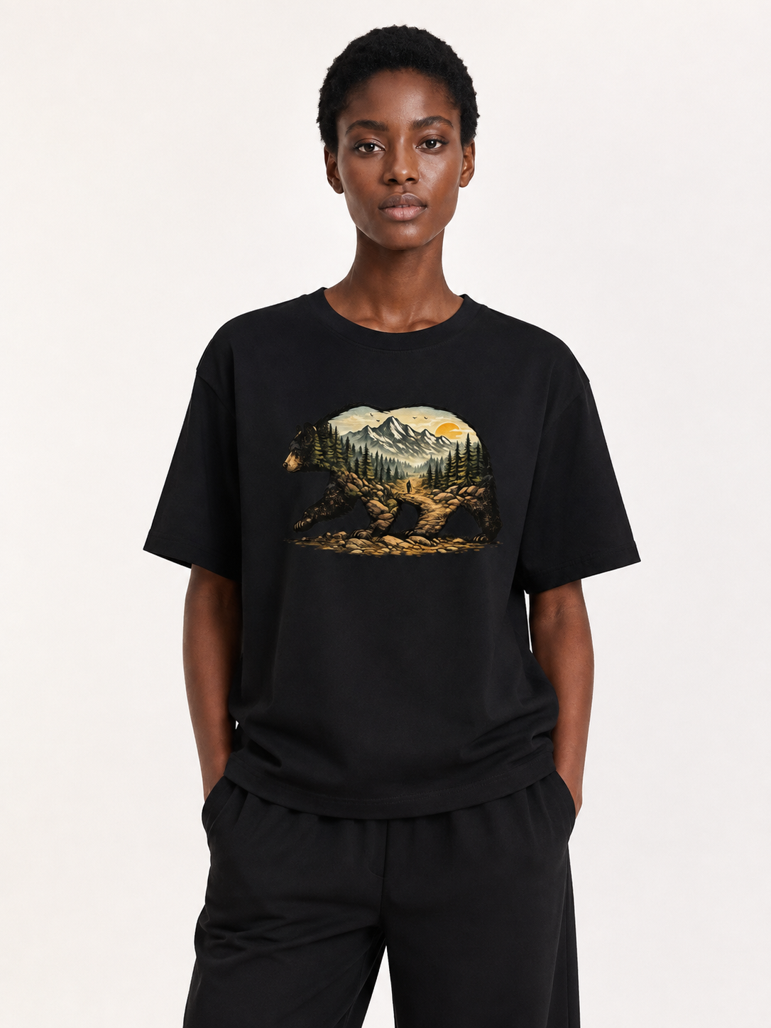 Bear Double Exposure Mountain Landscape Tee