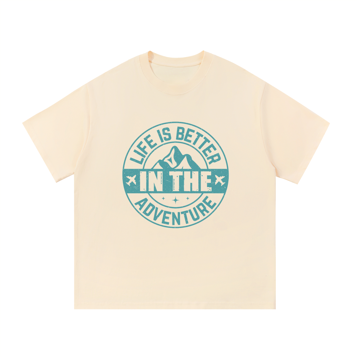 Life Is Better In The Adventure Mountain Badge Tee in Apricot, flat lay.