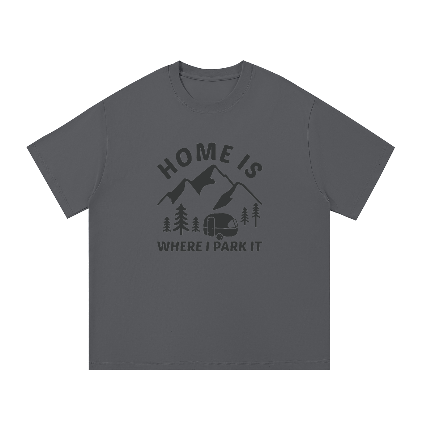 Home Is Where I Park It Tonal Caravan Tee in Dark Gray, flat lay.