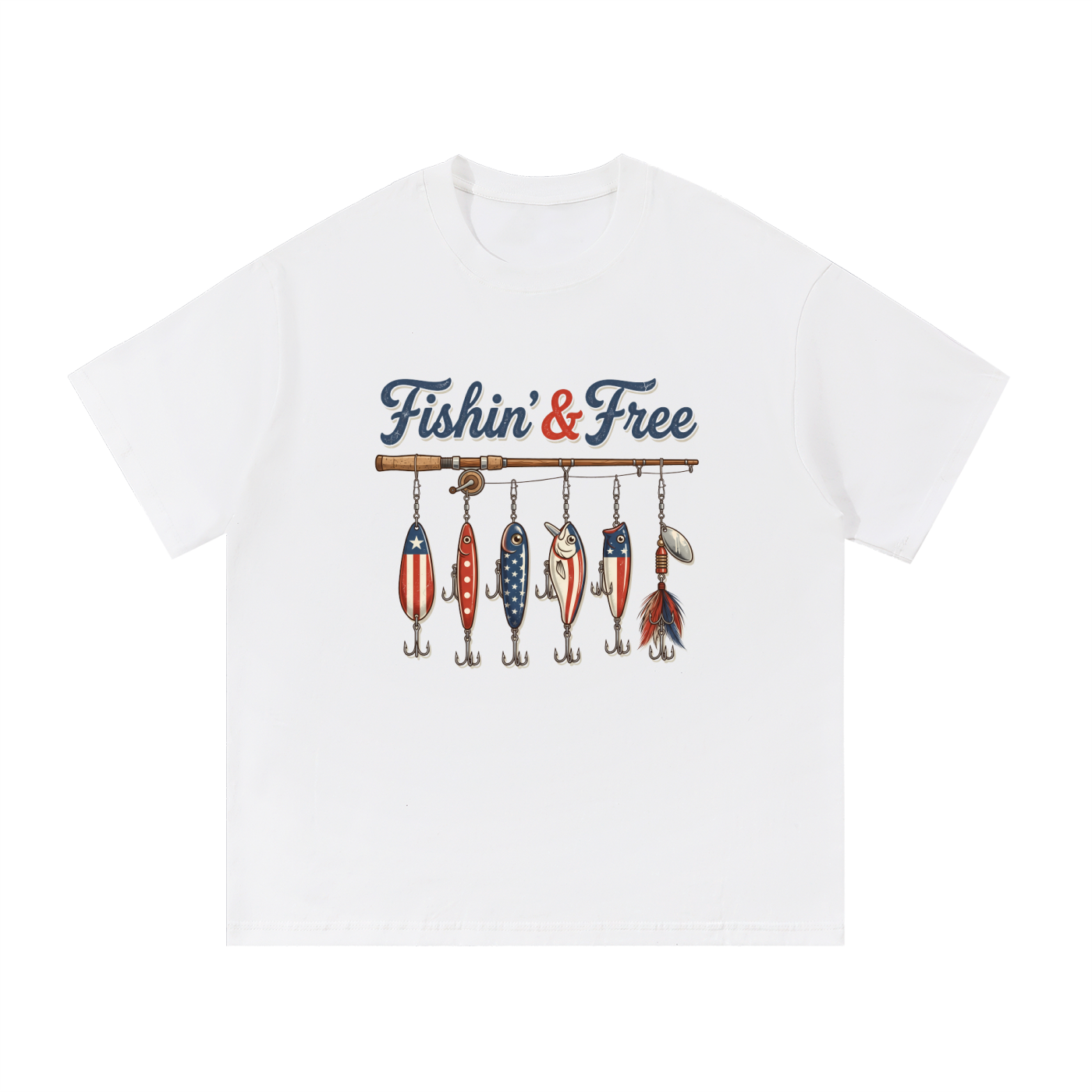 Fishin' And Free Patriotic Lure Cotton Tee in White, flat lay.