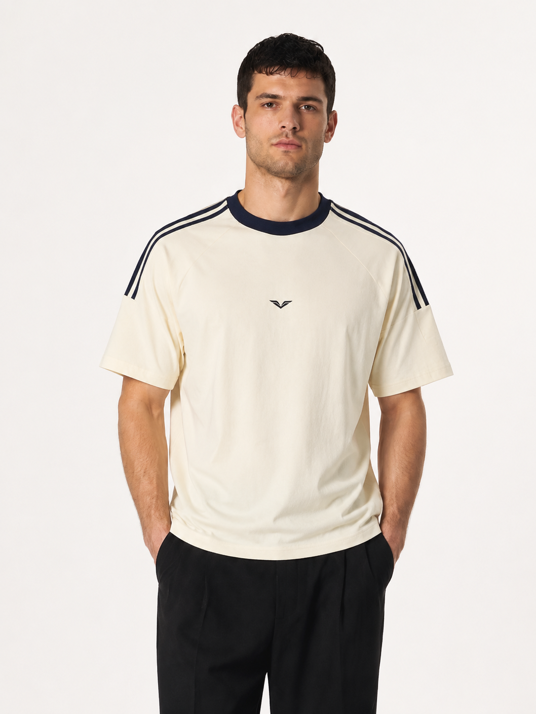 Wing Logo Contrast Tape Cotton Tee — Cream