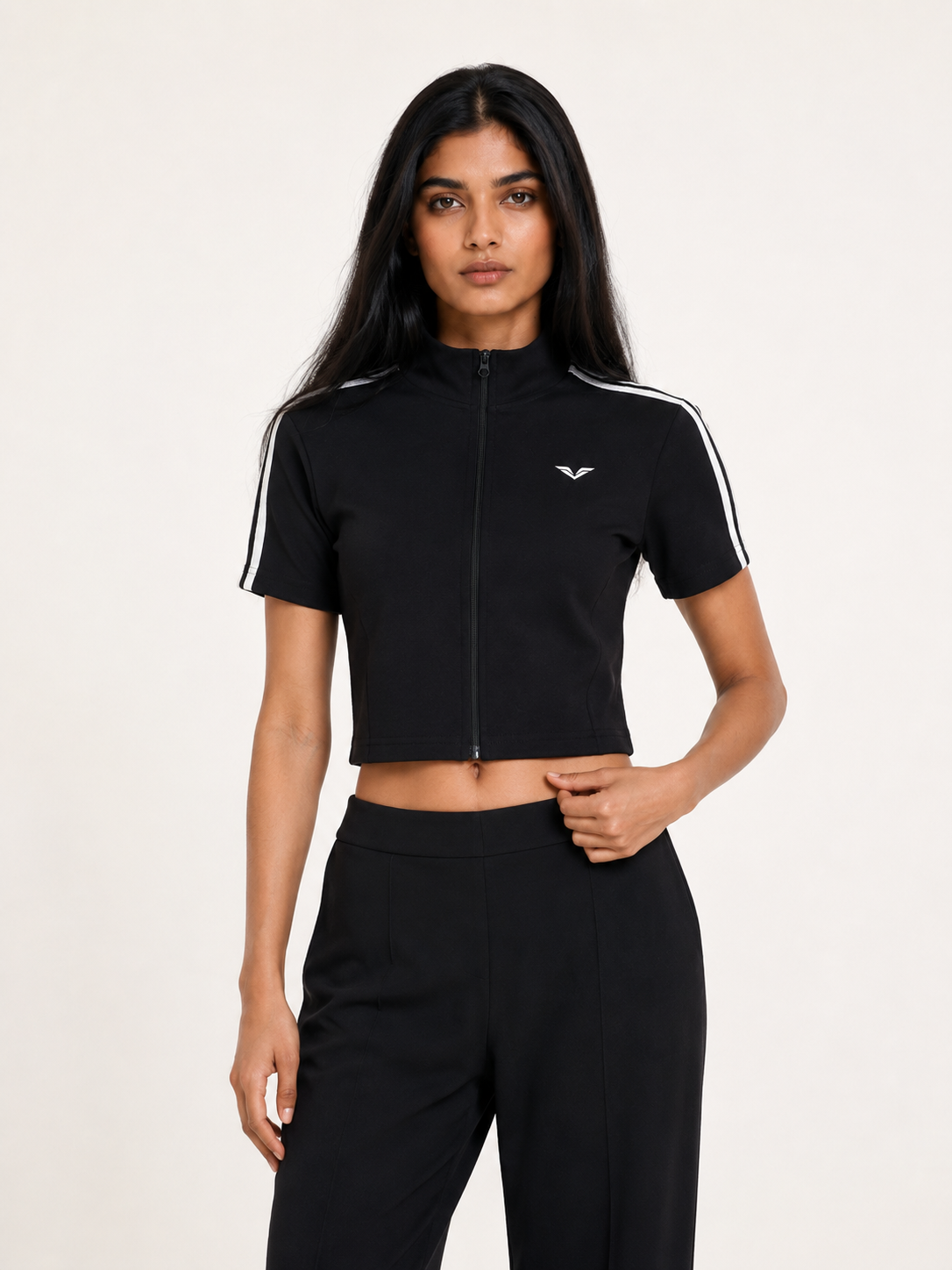 Wing Logo Cropped Full-Zip Short Sleeve Top