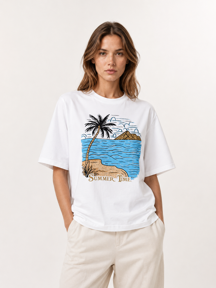 Summer Time Palm Beach Illustrated Cotton Tee in solid white, worn by a model.