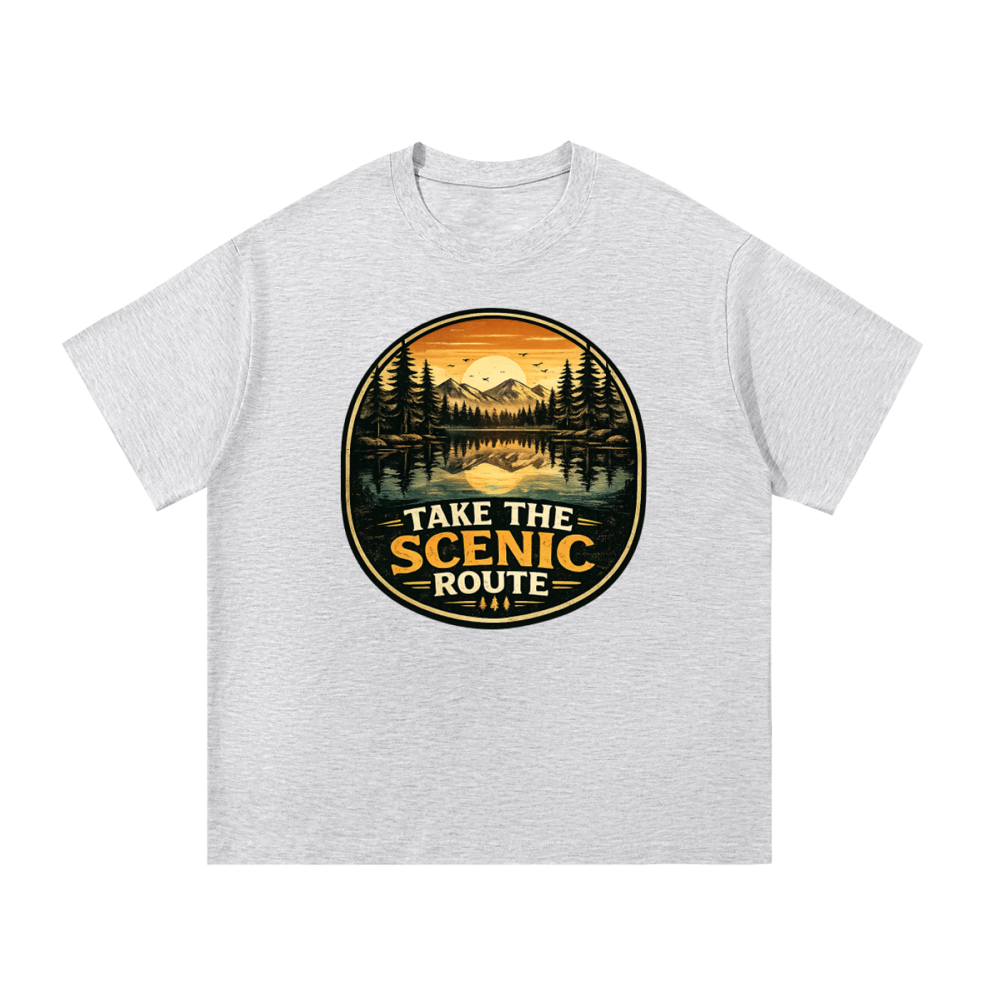 Take The Scenic Route Vintage Lake Badge Tee in White Gray, flat lay.