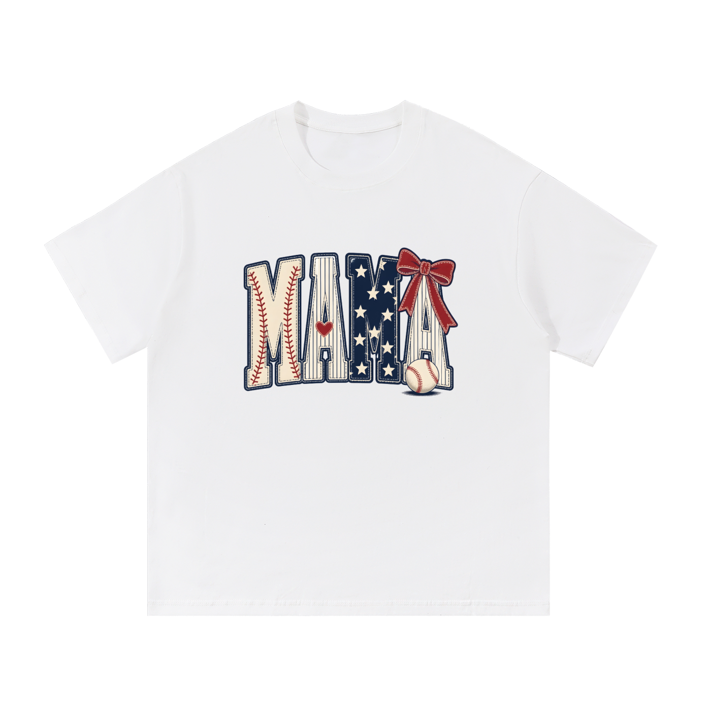 Mama Baseball Stars And Stripes Bow Tee in White, flat lay.
