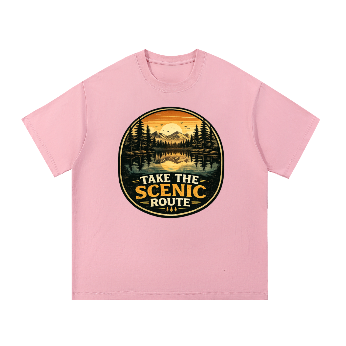 Take The Scenic Route Vintage Lake Badge Tee in Pink, flat lay.