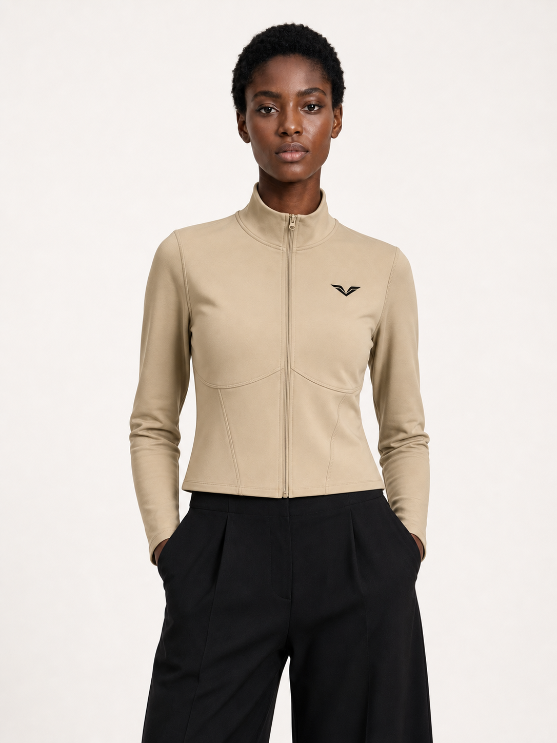 Wing Logo Cropped Full-Zip Sports Jacket — Sand