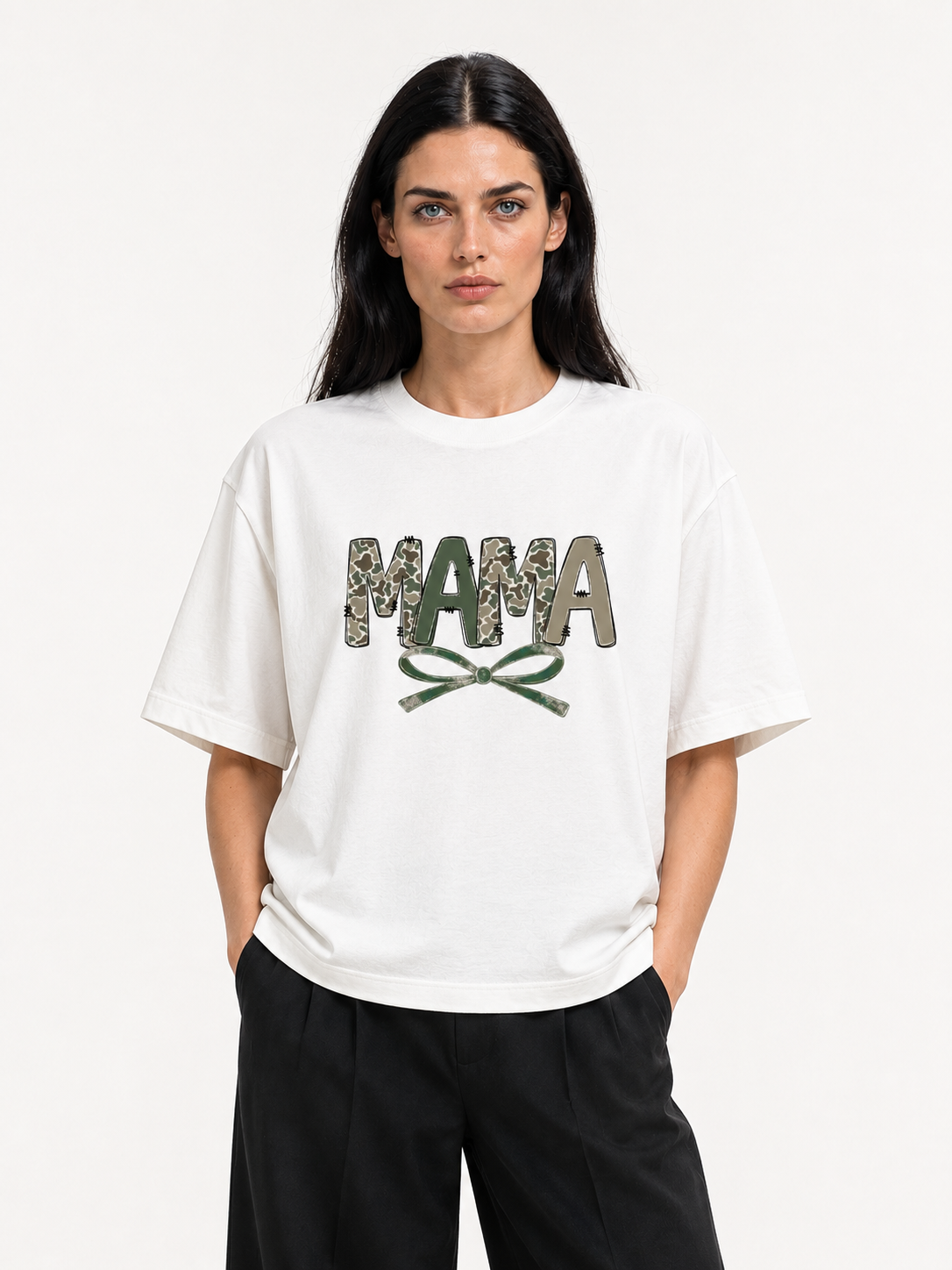 Mama Camo Letter Bow Faux Embroidery Tee