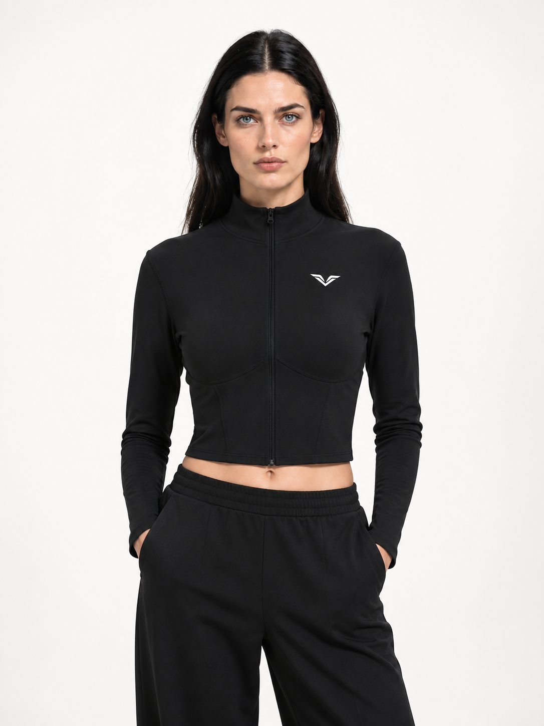 Wing Logo Cropped Full-Zip Sports Jacket — Black