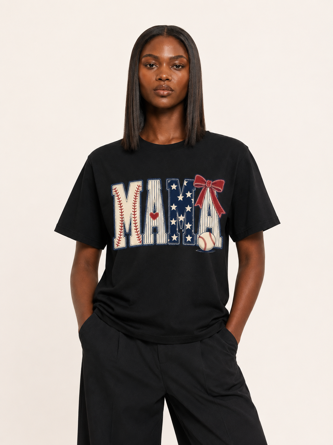 Mama Baseball Stars And Stripes Bow Tee