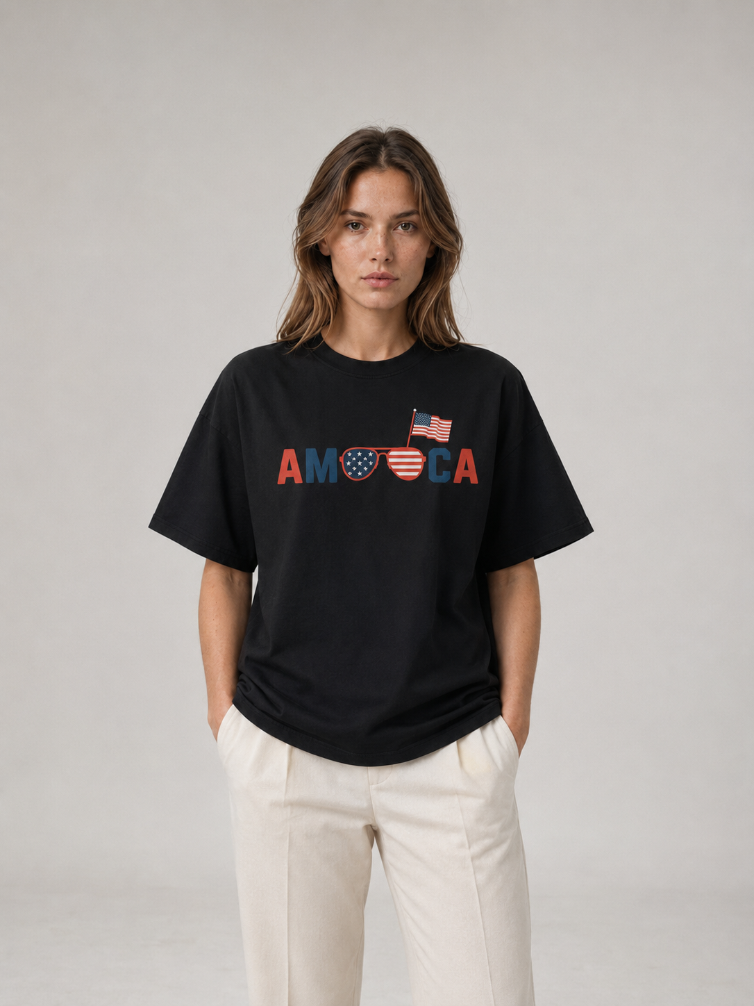 America Flag Sunglasses Oversized Cotton Tee