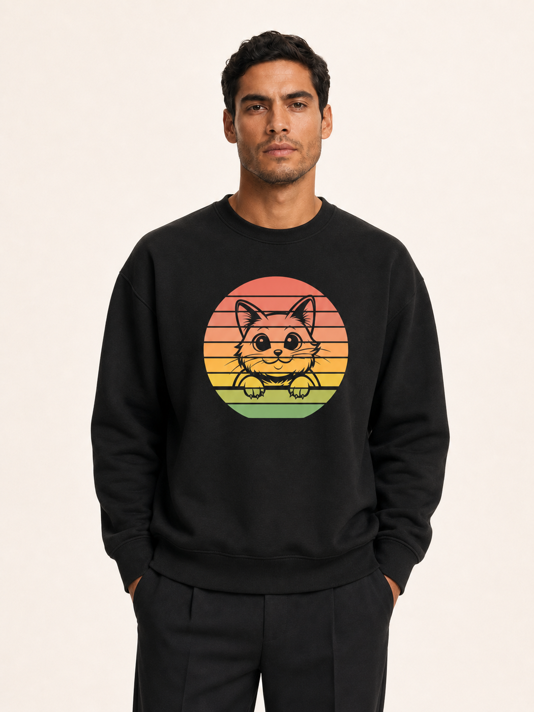 Peeking Cat Retro Sunset Crewneck Sweatshirt