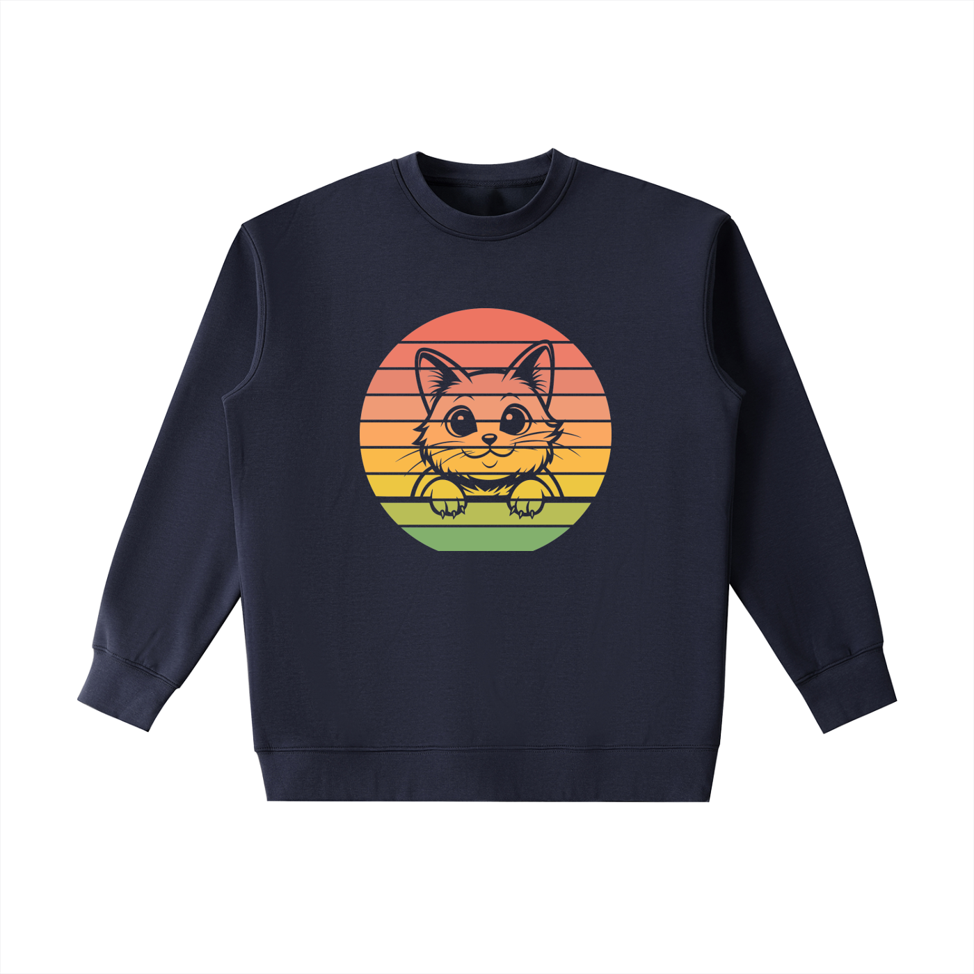 Peeking Cat Retro Sunset Crewneck Sweatshirt in Navy Blue, flat lay.