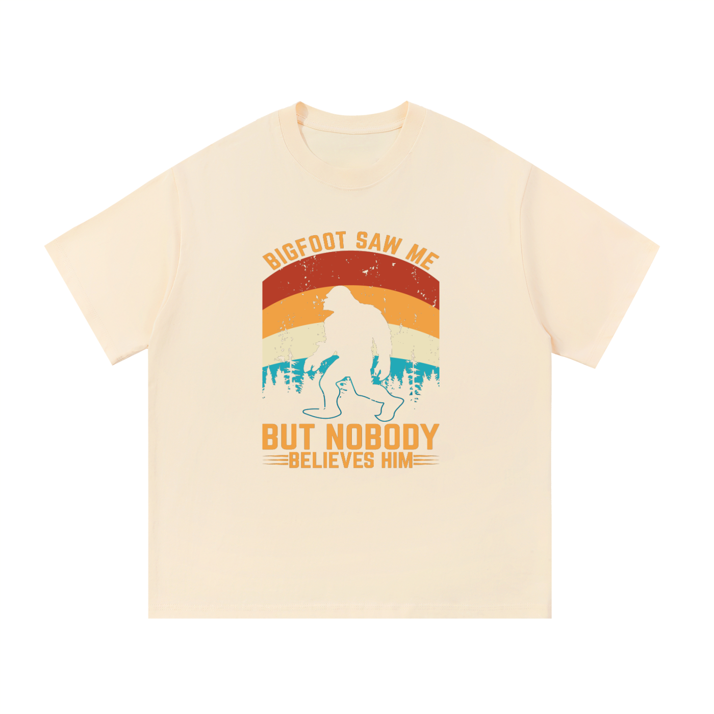 Bigfoot Saw Me But Nobody Believes Him Retro Tee in Apricot, flat lay.