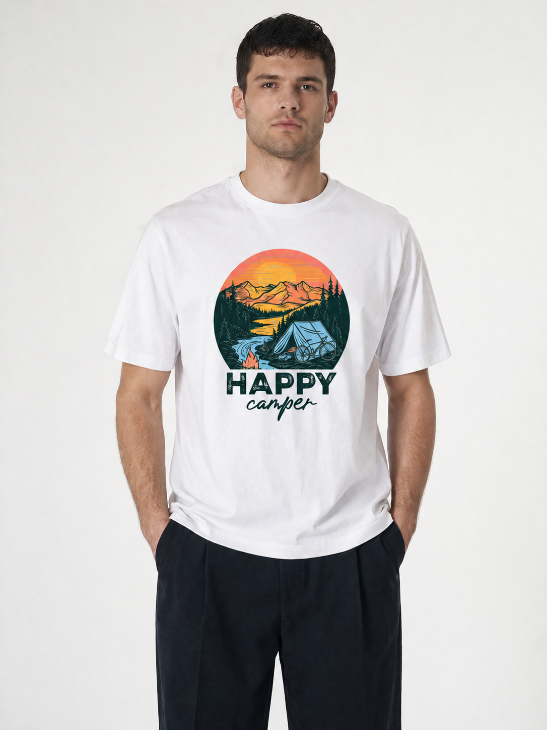 Happy Camper Sunset Tent Illustrated Tee