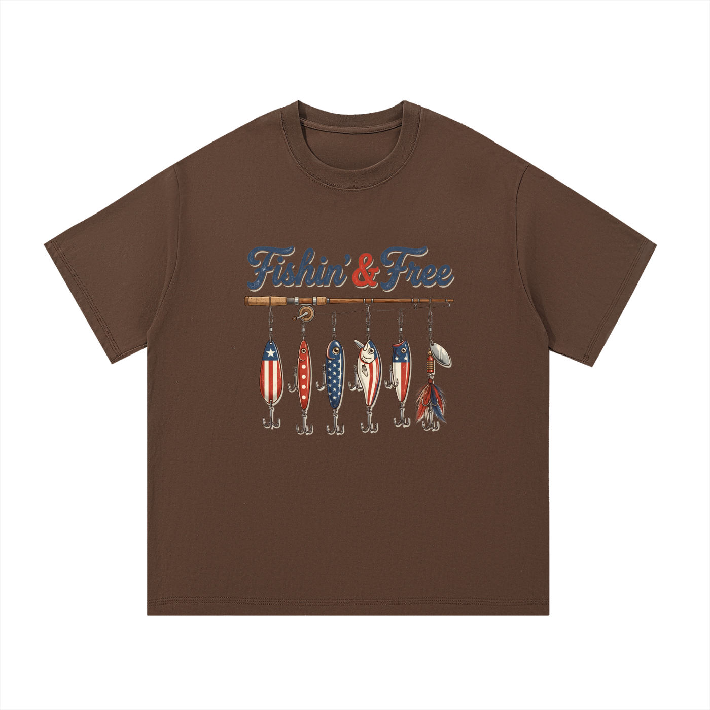 Fishin' And Free Patriotic Lure Cotton Tee in Coffee, flat lay.