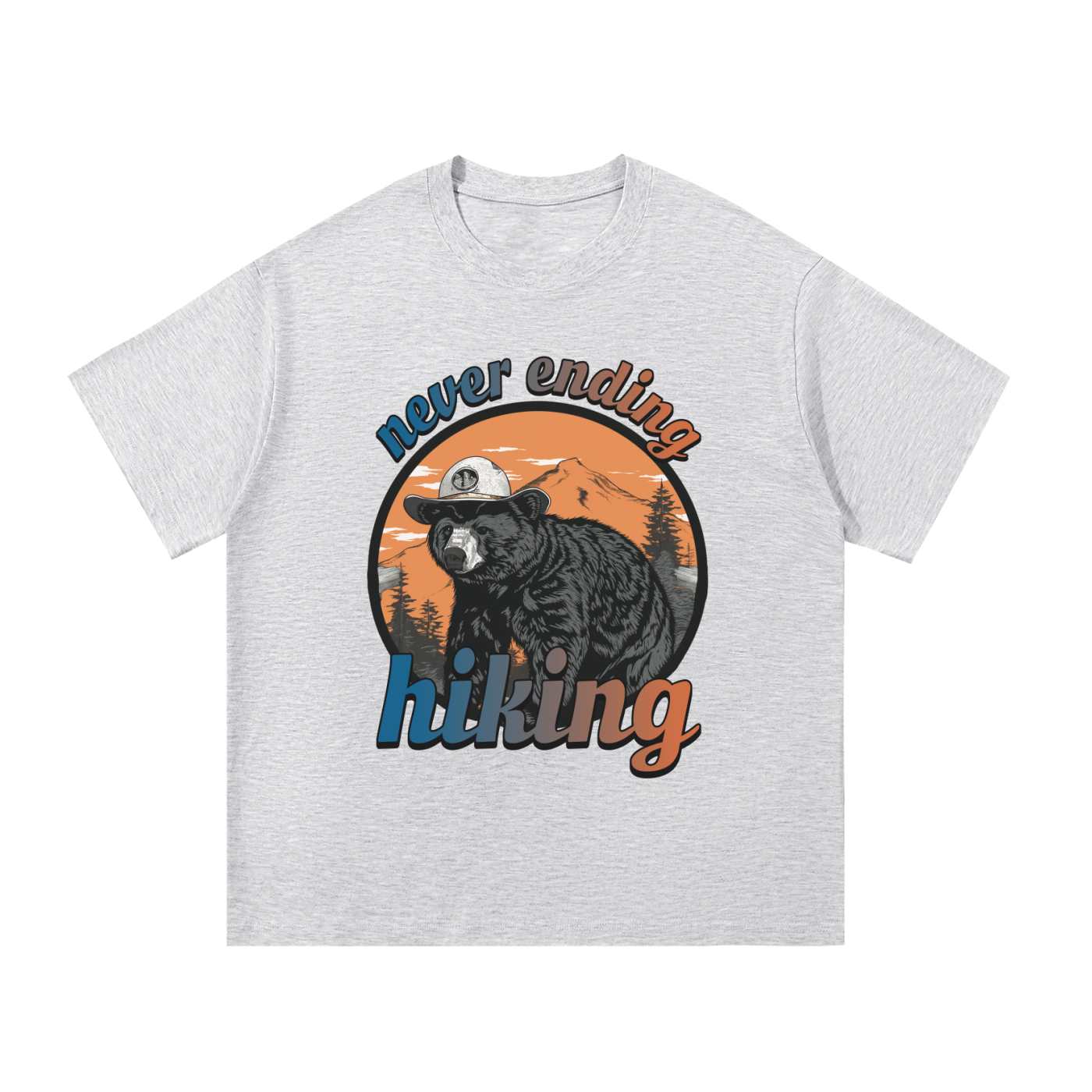 Never Ending Hiking Retro Bear Cotton Tee in White Gray, flat lay.
