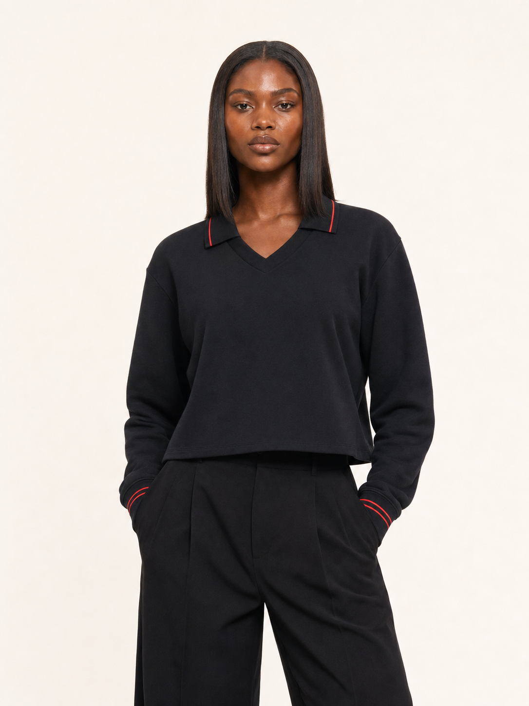 Contrast Tipped Collared Crop Sweatshirt
