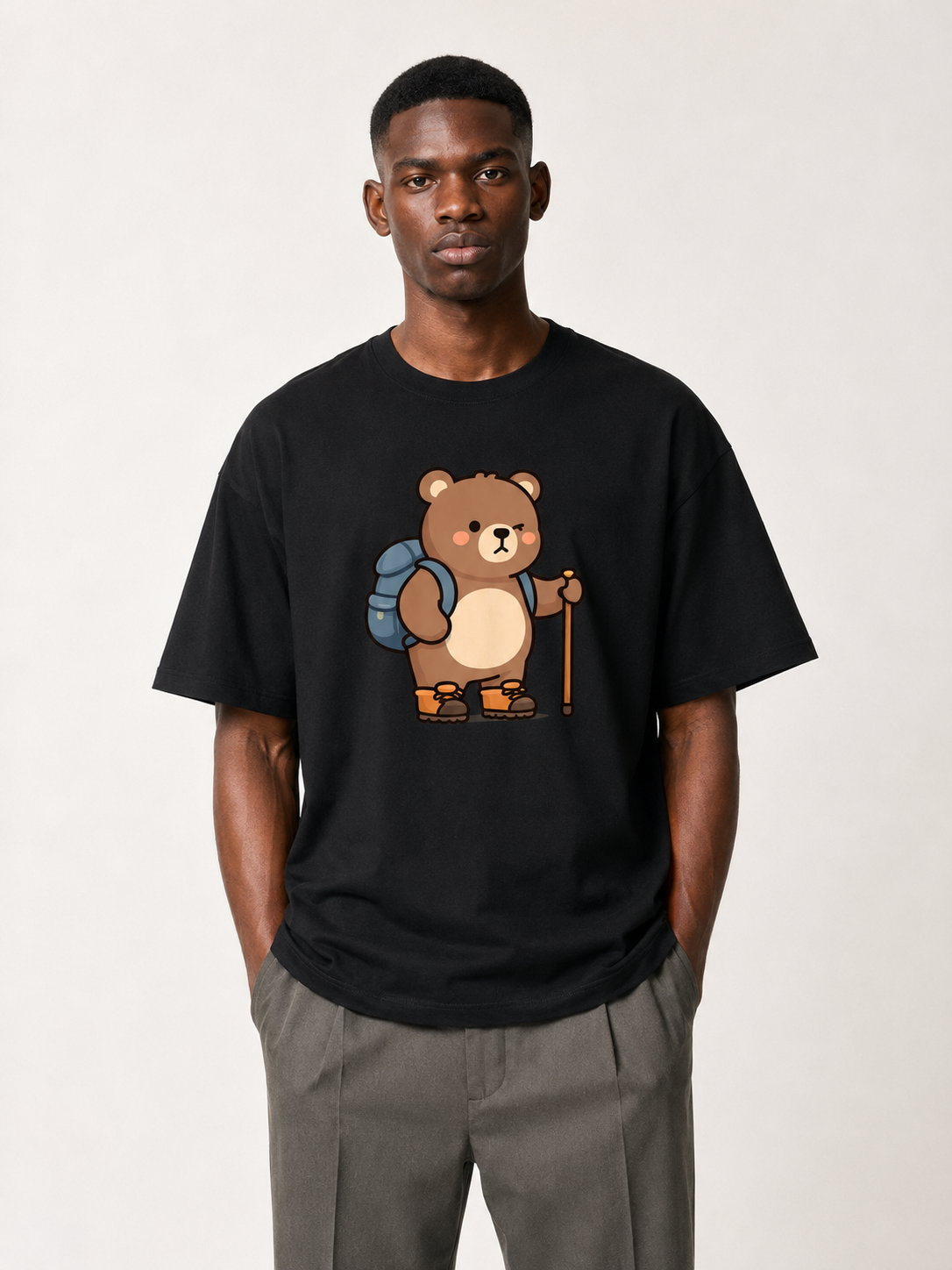 Cute Hiking Bear Illustrated Cotton Tee