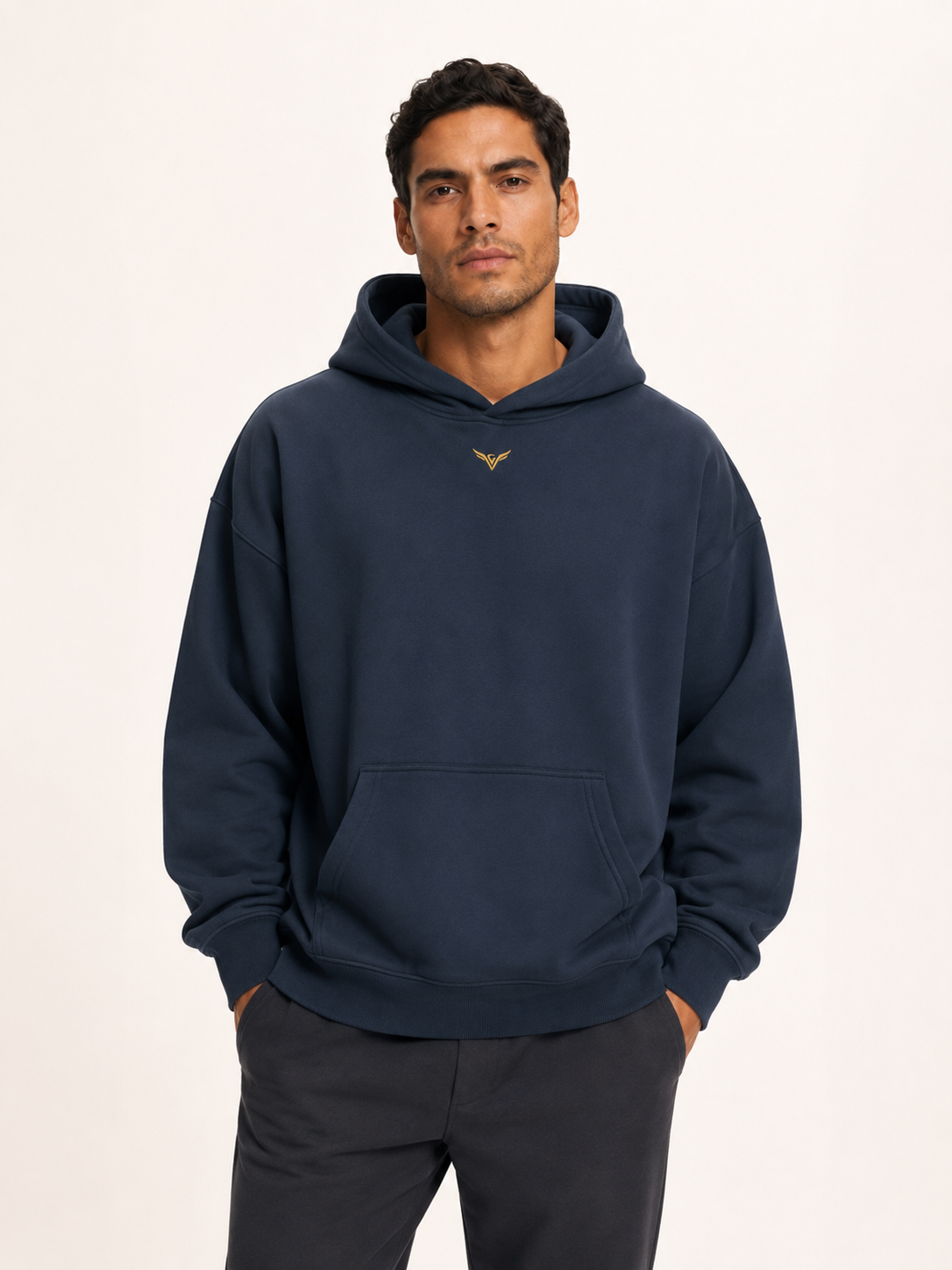 Wing Logo Oversized Fleece Hoodie — Navy
