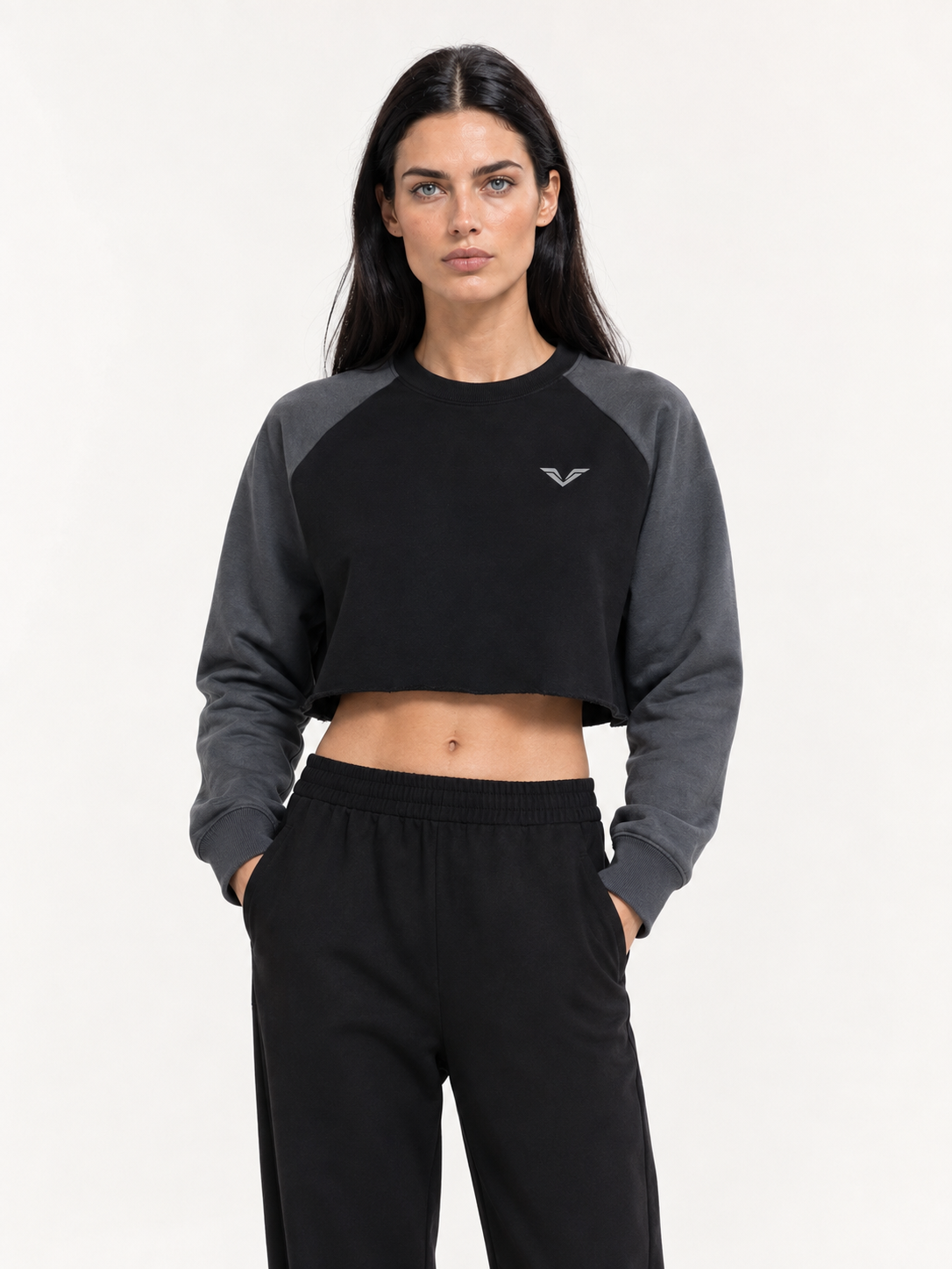 Wing Logo Raw Hem Colour-Block Crop Sweatshirt