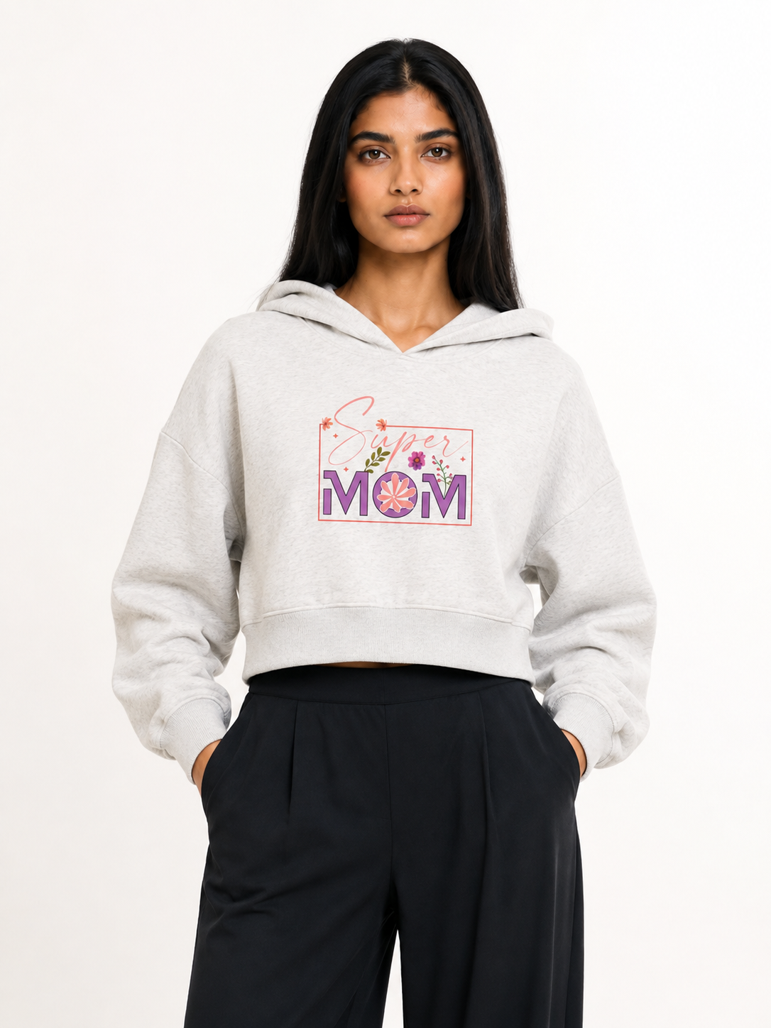 Super Mom Floral Frame Cropped Hoodie