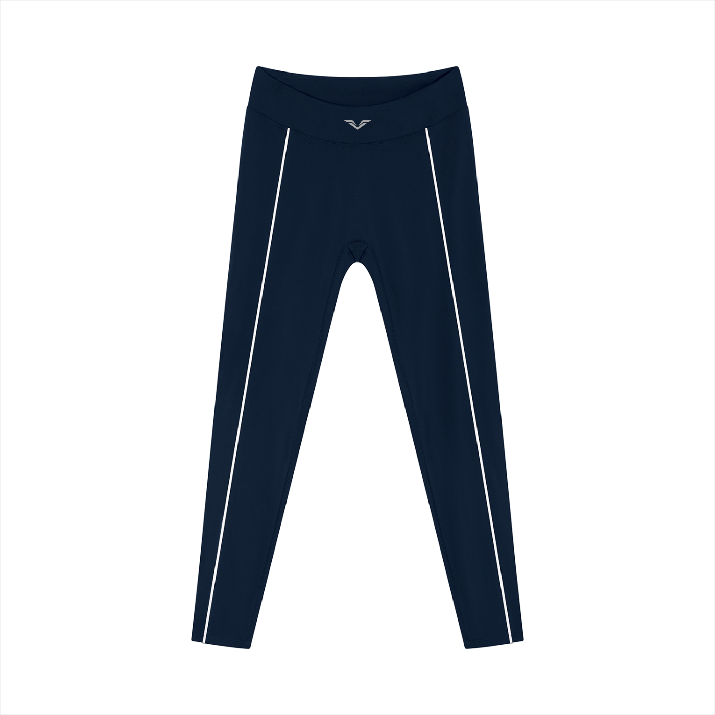 Wing Logo Contrast Piping High-Waist Leggings in Navy Blue, flat lay.