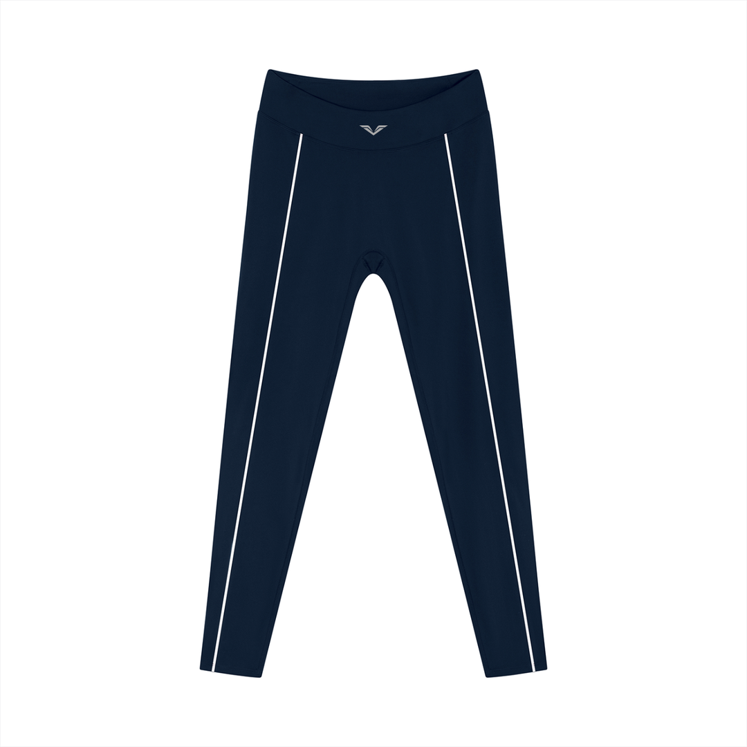 Wing Logo Contrast Piping High-Waist Leggings in Navy Blue, flat lay.