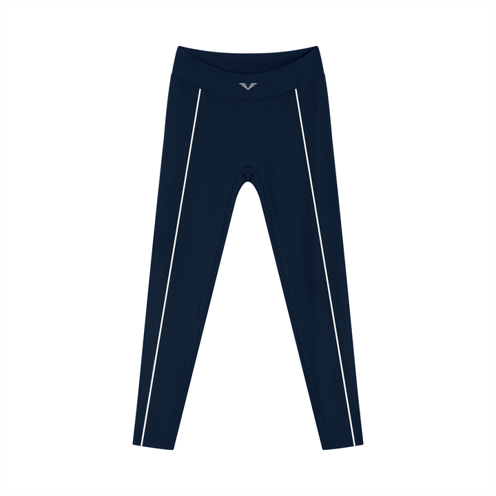 Wing Logo Contrast Piping High-Waist Leggings in Navy Blue, flat lay.
