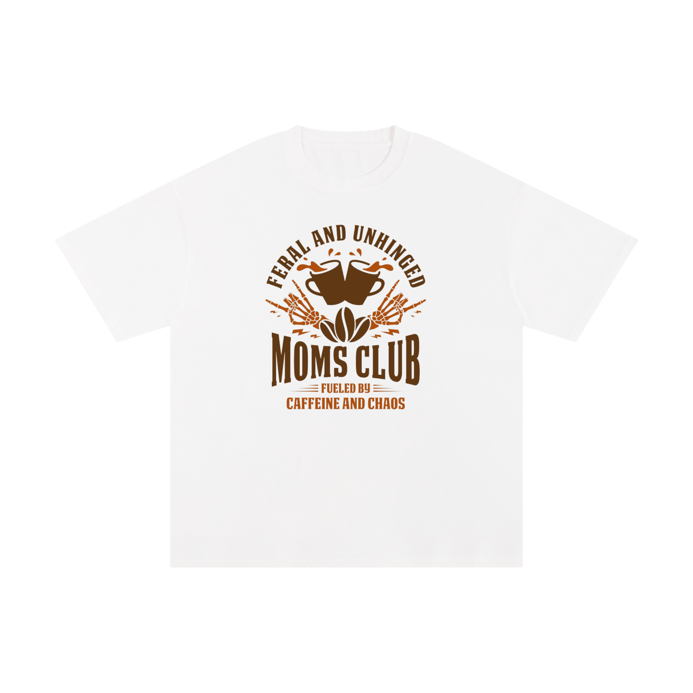 Feral And Unhinged Moms Club Coffee Badge Tee in White, flat lay.