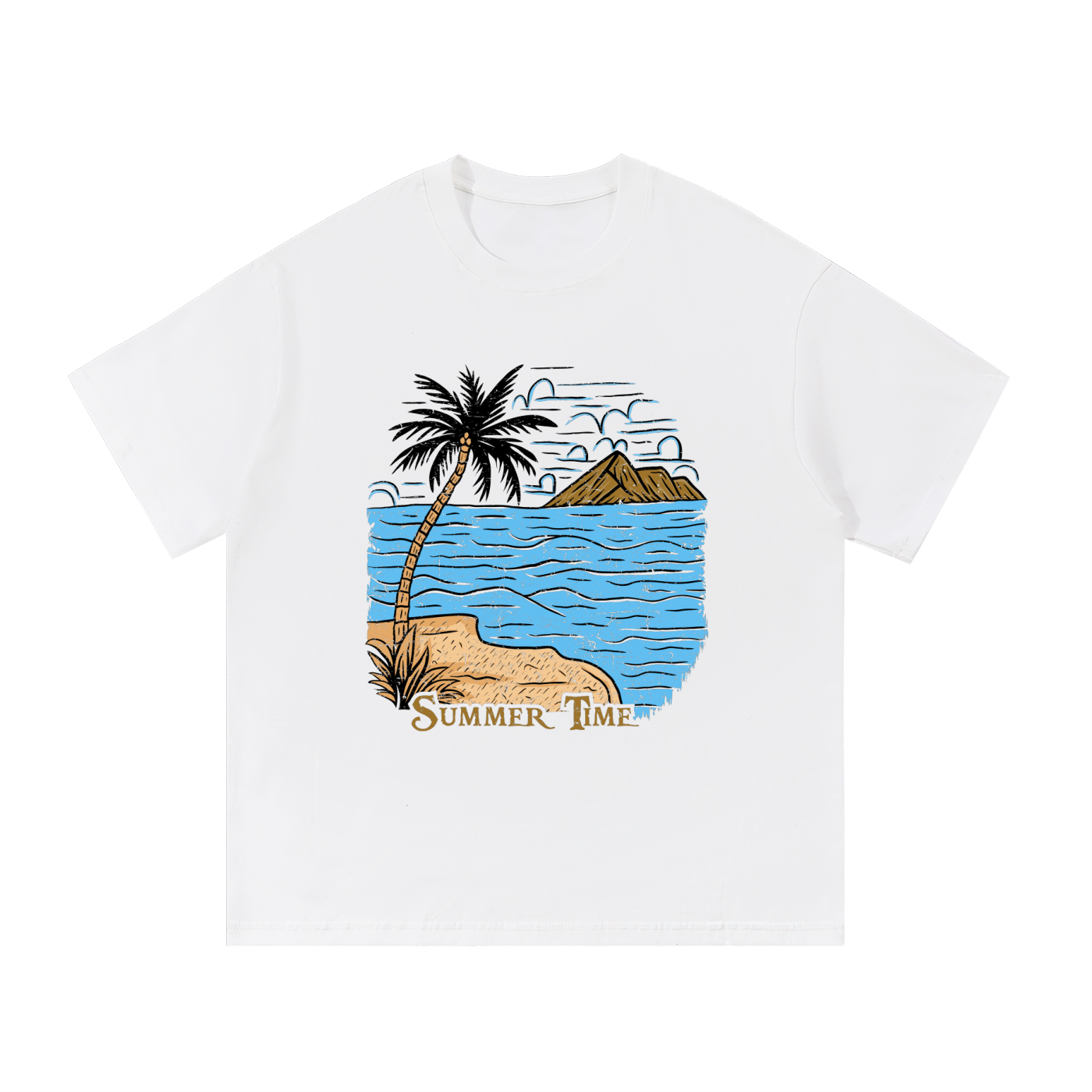 Summer Time Palm Beach Illustrated Cotton Tee in White, flat lay.