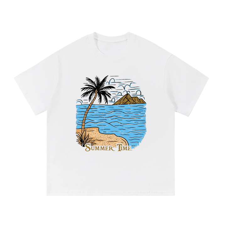 Summer Time Palm Beach Illustrated Cotton Tee in White, flat lay.