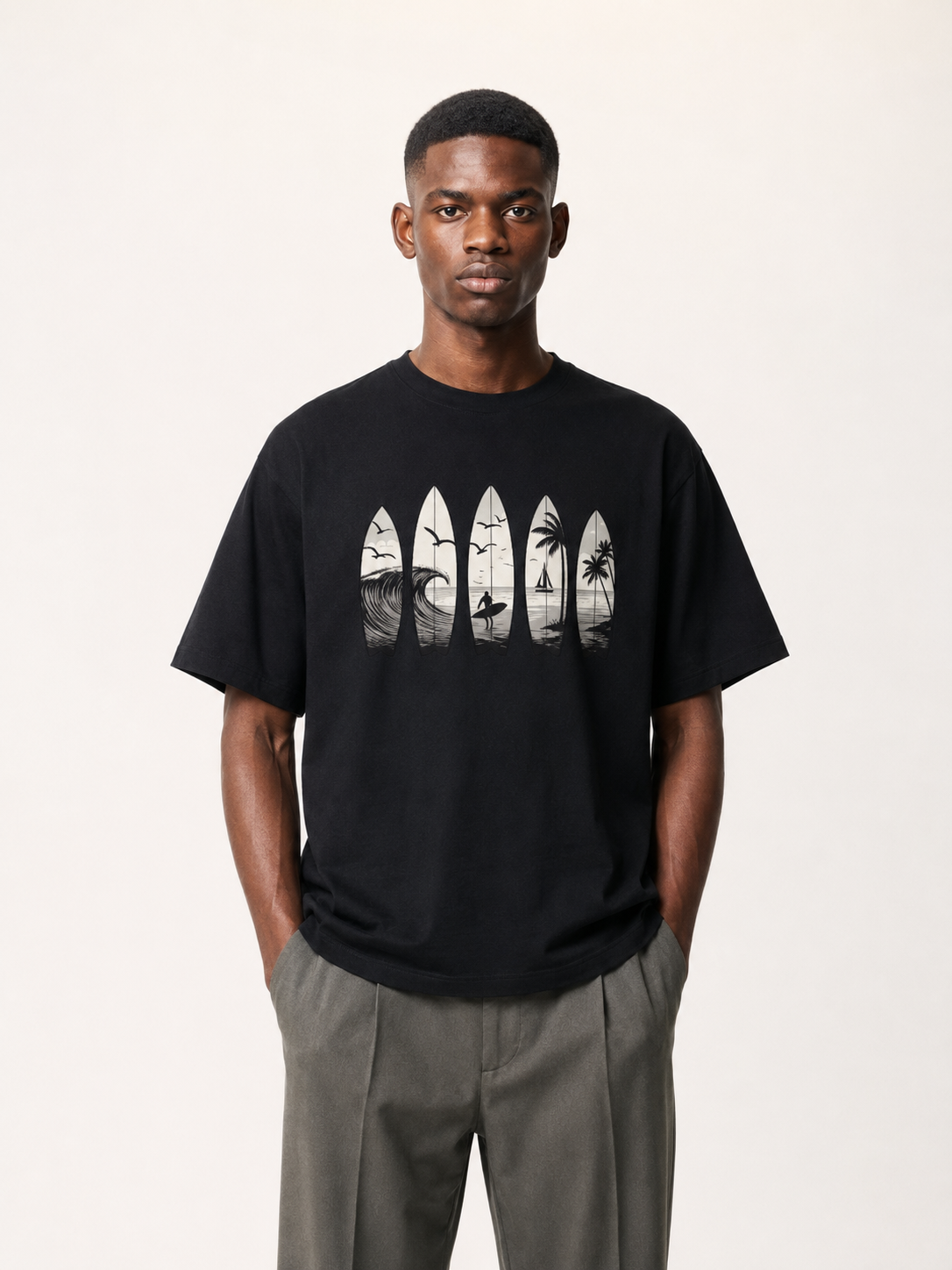 Surfboard Row Monochrome Beach Illustration Tee