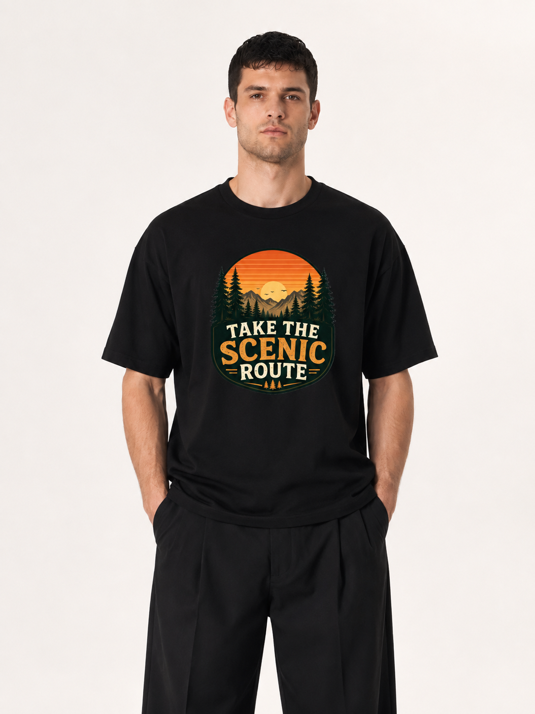 Take The Scenic Route Retro Sunset Badge Tee
