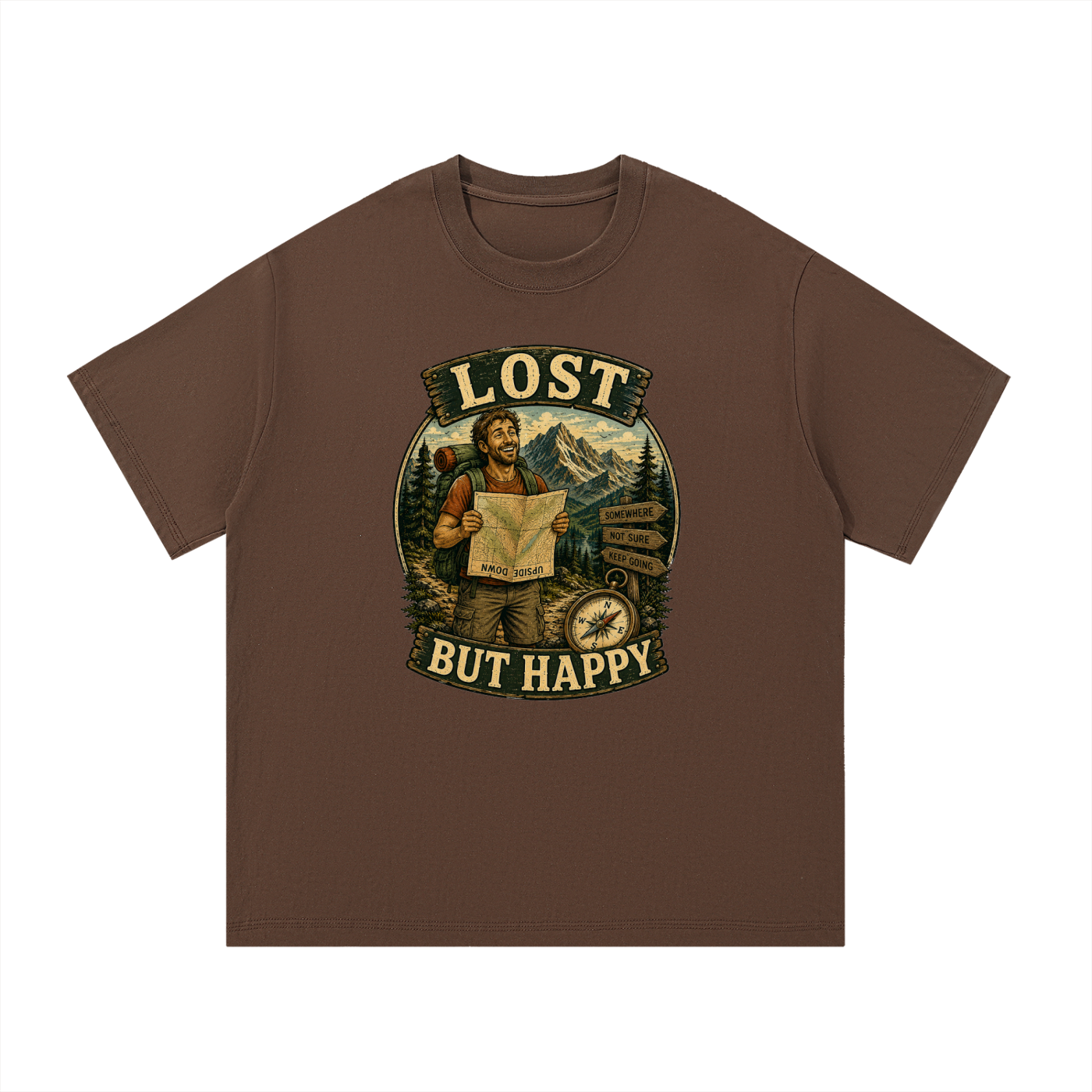 Lost But Happy Vintage Hiker Illustration Tee in Coffee, flat lay.