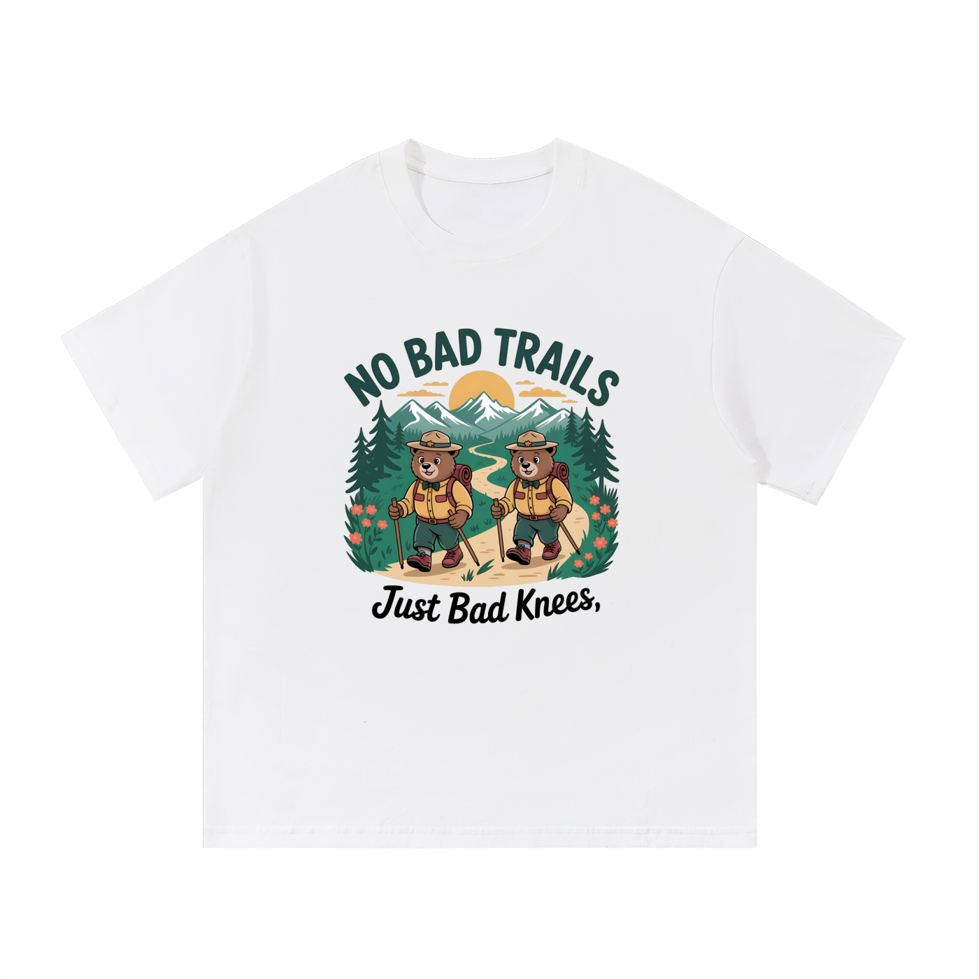 No Bad Trails Just Bad Knees Ranger Bear Tee in White, flat lay.