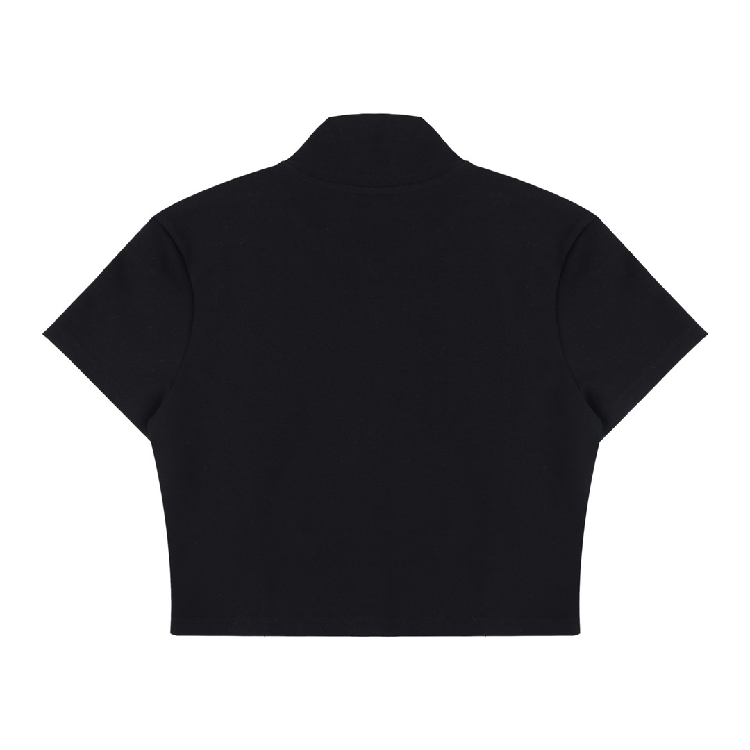 Wing Logo Cropped Full-Zip Short Sleeve Top in Black, back view.
