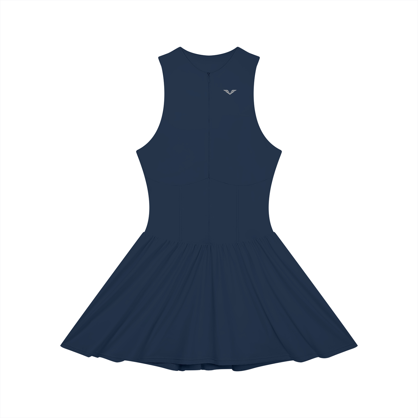Wing Logo Ruched Zip Front Dress — Black in Navy Blue, flat lay.