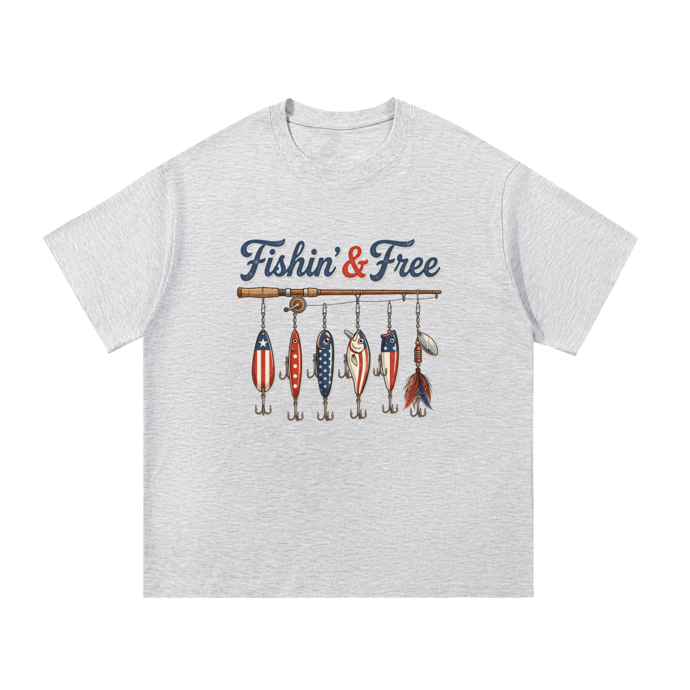 Fishin' And Free Patriotic Lure Cotton Tee in White Gray, flat lay.