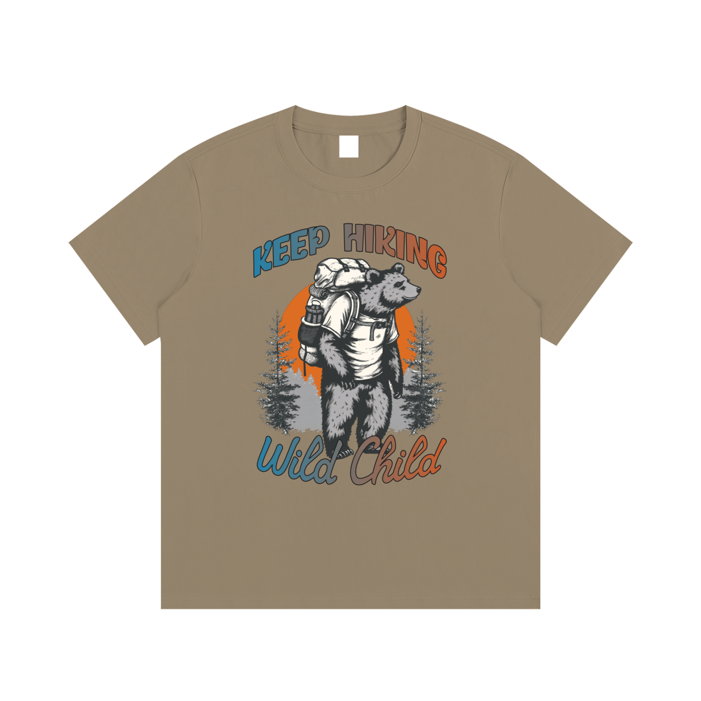 Keep Hiking Wild Child Backpacking Bear Tee in Coffee, flat lay.