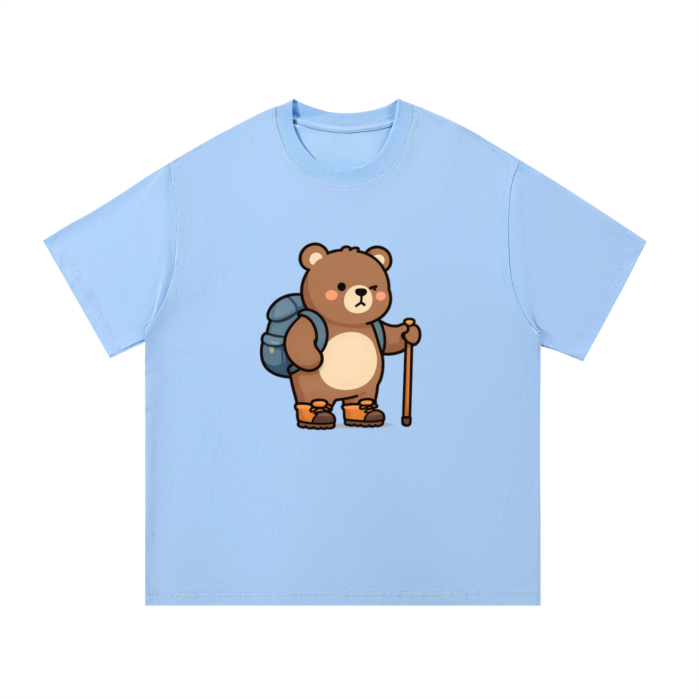 Cute Hiking Bear Illustrated Cotton Tee in Blue, flat lay.