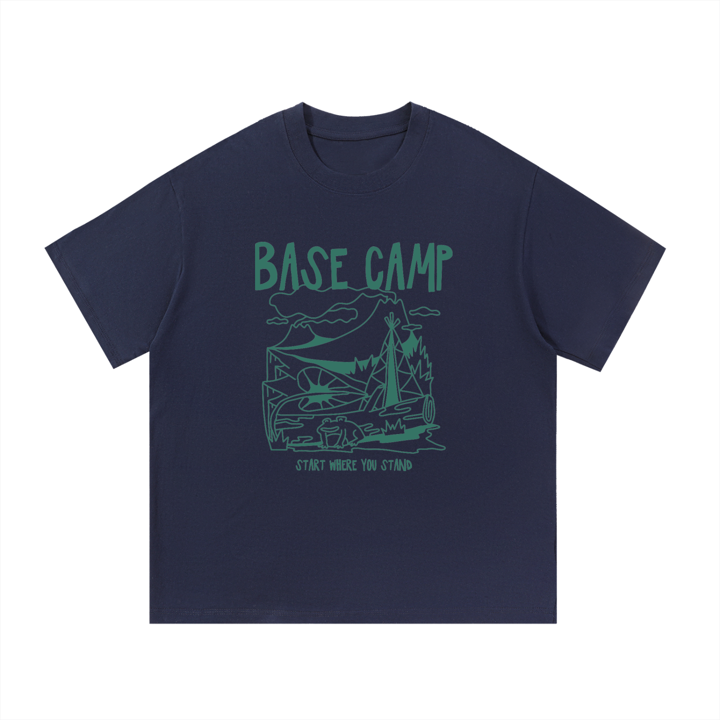 Base Camp Start Where You Stand Line Art Tee in Navy Blue, flat lay.