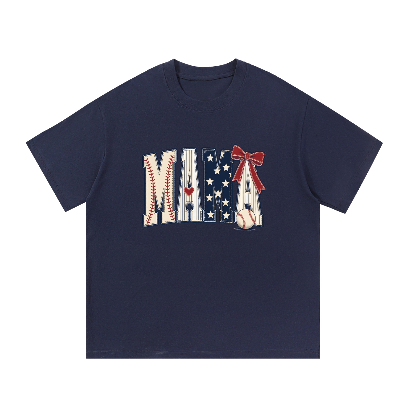 Mama Baseball Stars And Stripes Bow Tee in Navy Blue, flat lay.
