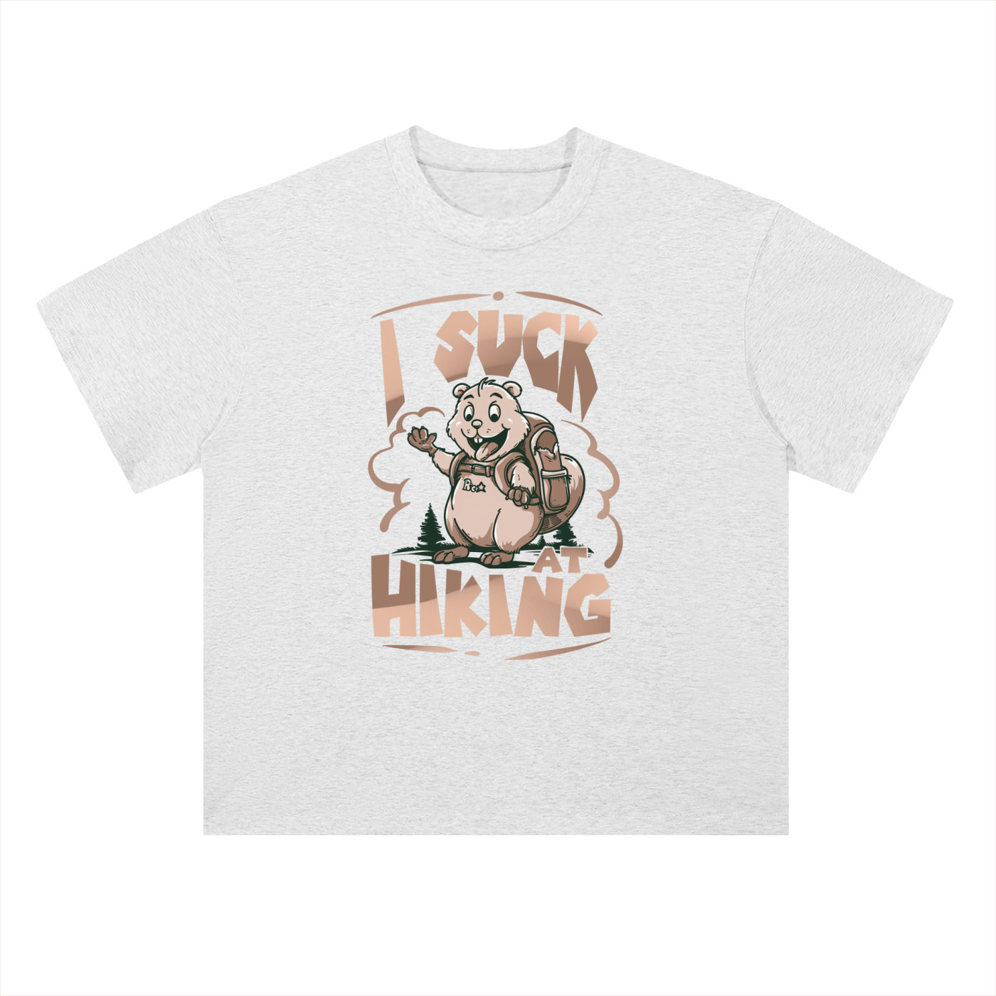 I Suck At Hiking Funny Cartoon Bear Tee in Light Gray, flat lay.