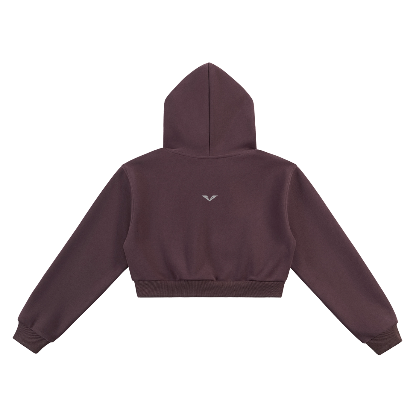 Wing Logo Essential Cropped Hoodie in Dark Reddish Purple, back view.