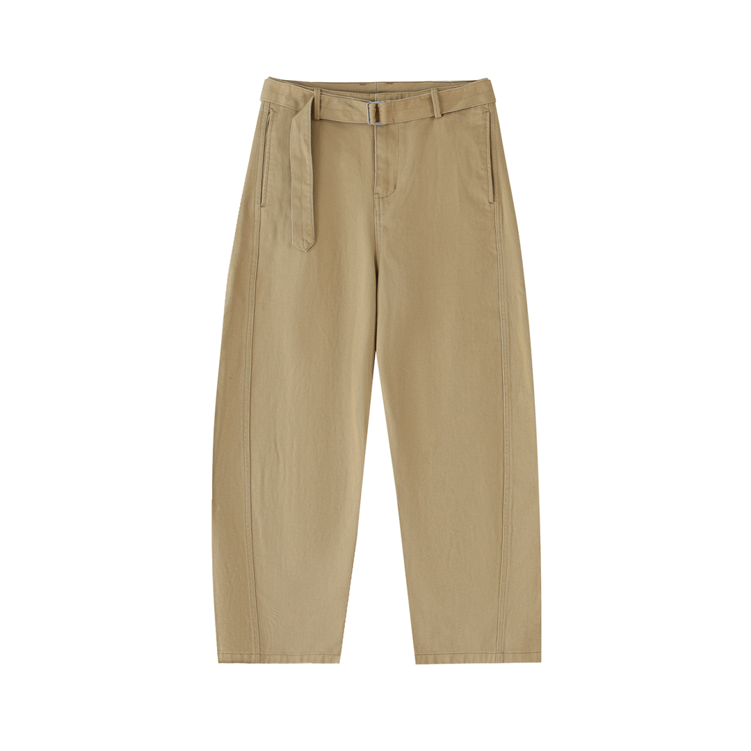 WOMEN PENT Belted Barrel-leg Chino Pants