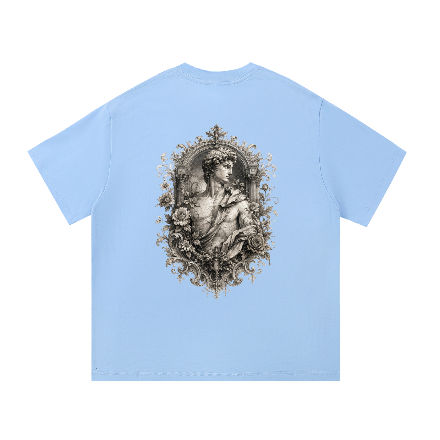 Baroque Statue Crest Left-Chest Cotton Tee in Blue, back view.