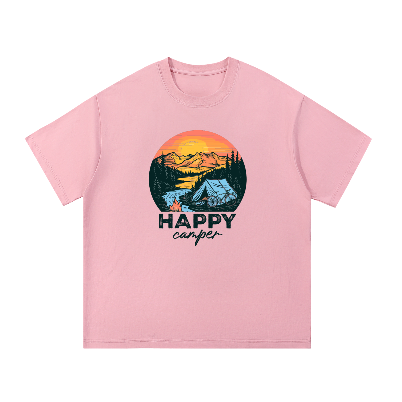 Happy Camper Sunset Tent Illustrated Tee in Pink, flat lay.